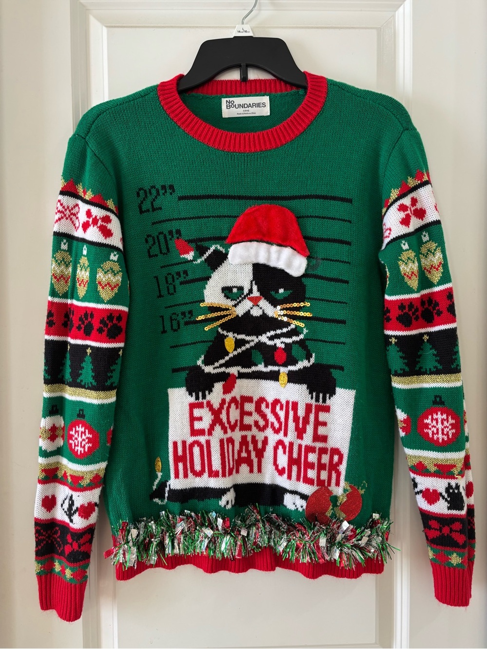 No Boundaries Green 'Excessive Holiday Cheer' Cat Christmas Sweater